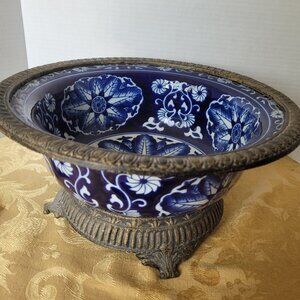 Bombay Co. Stunning Large Blue & White Chinoiseries Bowl with Brass Trim & Feet